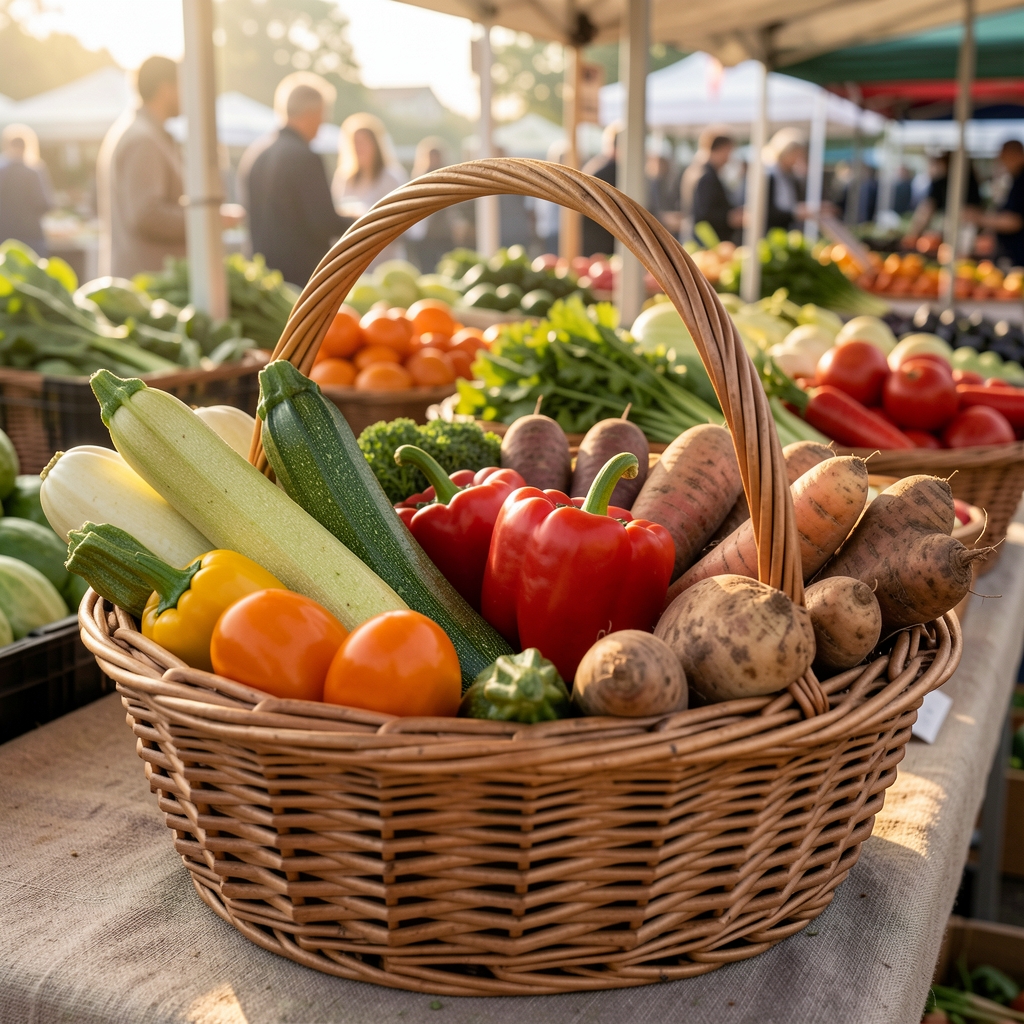 Close-up of a wicker basket filled with colourful seasonal vegetables including courgettes, peppers and root vegetables at an early morning farmers market stall