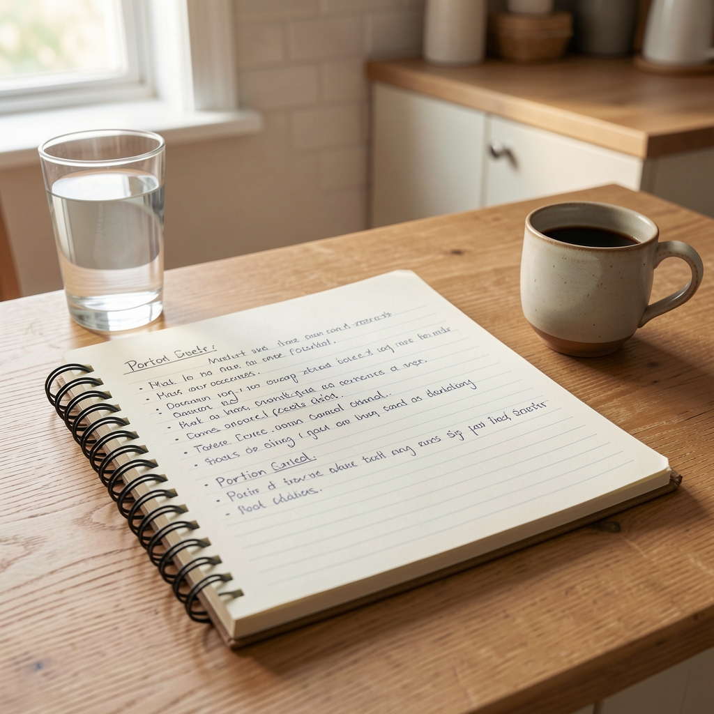 Open spiral notebook lying on a kitchen table with handwritten meal notes and portion observations, a glass of water and a small ceramic coffee cup to the side, soft morning light
