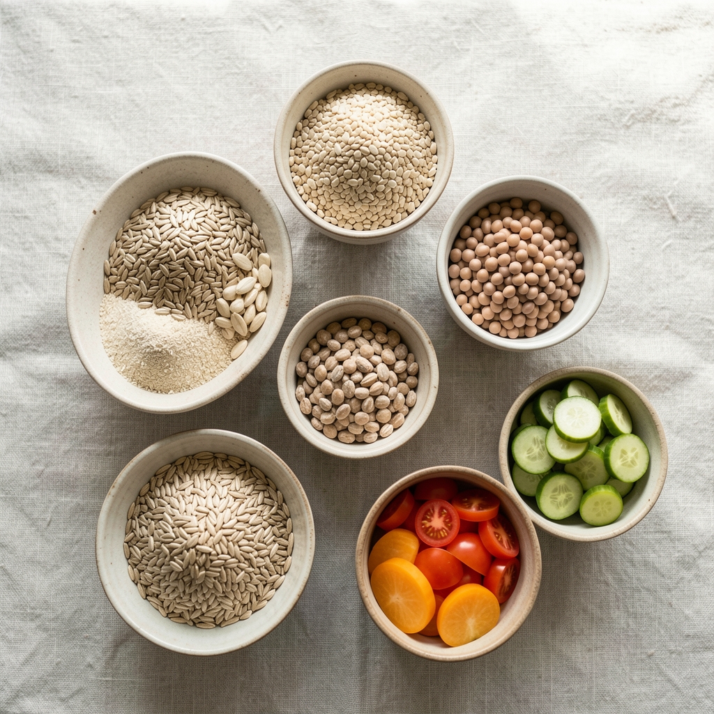 Overhead view of several small ceramic bowls containing measured portions of whole grains, legumes and sliced vegetables arranged on a pale linen surface in natural daylight