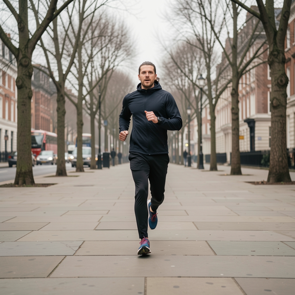 Street-level photograph of a person in running shoes jogging along a wide pavement bordered by bare winter trees in soft overcast morning light in London